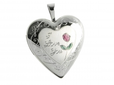 Medaillon / Amulett Herz Gravur: I Love You und Rose klein 8118